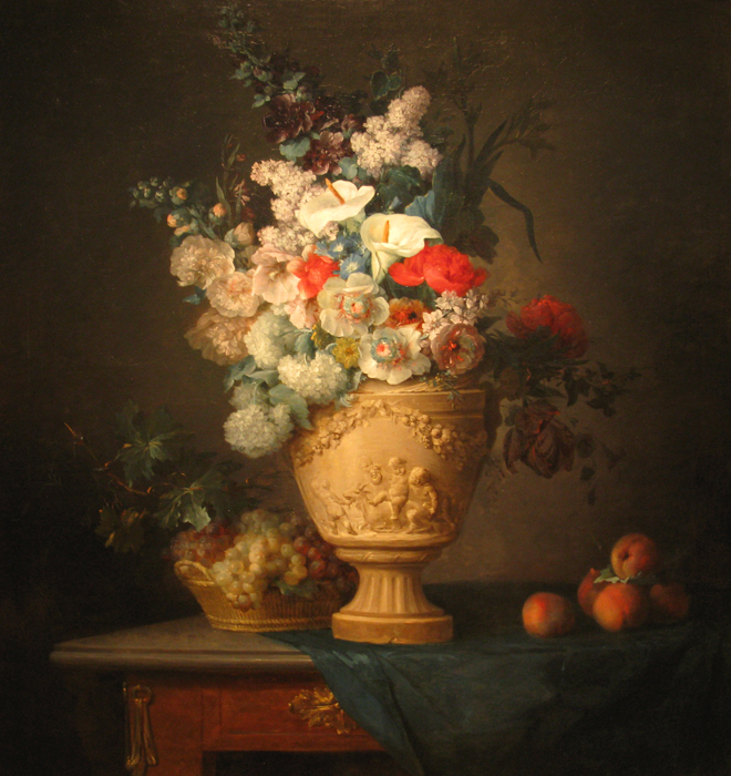 Bouquet of Flowers in a Terracotta Vase with Peaches and Grapes (Anne
